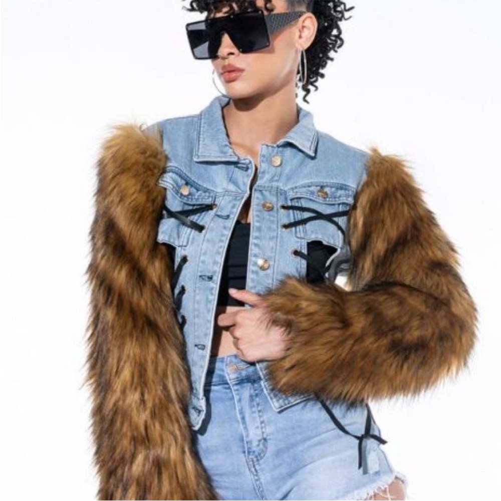 Denim Jacket with Brown Faux Fur Sleeves NWOT - Picture 9 of 9